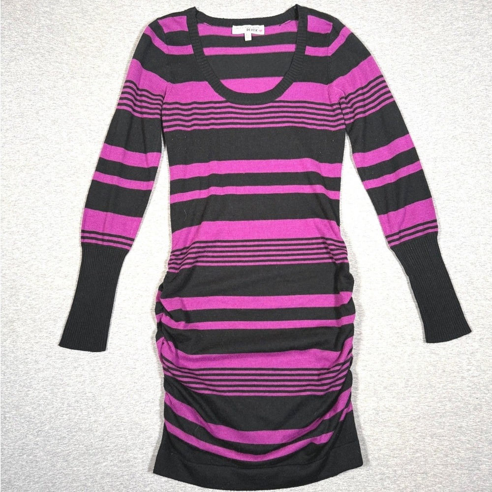 Derek Heart Im In Love Purple Black Striped Ruched Long Sleeve Sweater Dress L